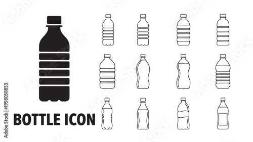 Bottles icon set with various shapes and styles, including a solid black icon and multiple line art designs for packaging and branding.