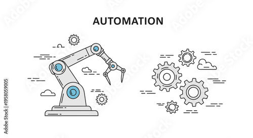 Vector illustration of industrial robot arm and gears for automation and manufacturing
