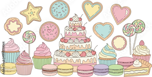 Assortment of colorful hand drawn baked goods and whimsical sweets arranged for a delightful celebration illustration