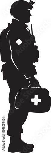 Vector silhouette of a medic soldier with first aid kit