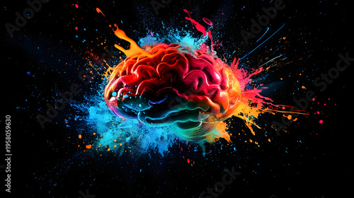 3D abstract brain explosion with vibrant neural network and energy particles on black background