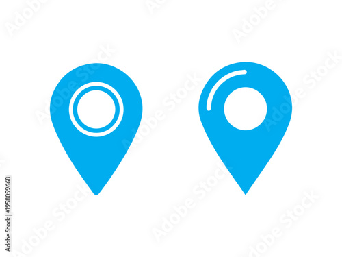 Two different blue map pointer icons contrast each other on white space illustrating varied styles for location marking.