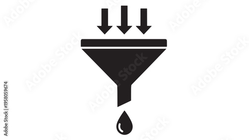 Funnel icon with three downward arrows indicating process and a single drop falling. featuring symbol, filter, filtering with droplet and liquid