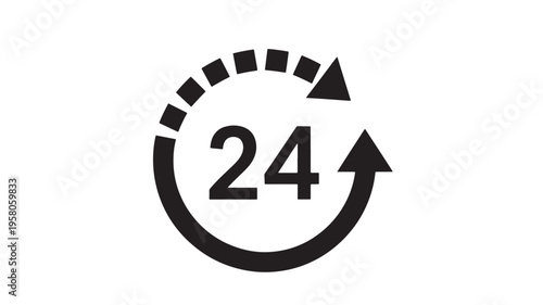 Clock icon with the number 24 and an arrow indicating continuous service or time passage around the clock.