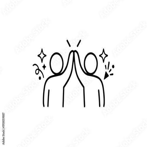 A minimalist black line art illustration of two figures giving a celebratory high five together Vector