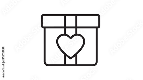 Gift box icon with a heart symbol on its front, representing love, celebration, or a special surprise, presented in a clean line art style.