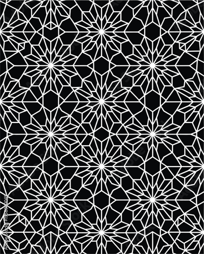 Seamless Islamic geometric design with non-representational star shapes on black backdrop, flawless for contemporary layout and electronic illustration.
