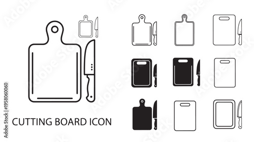 Cutting board icons in various styles with knives, representing kitchen tools and food preparation elements.