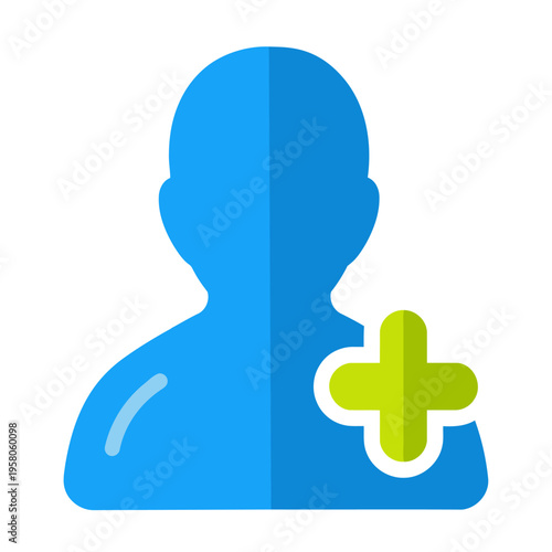 Iconic graphic featuring a blue person outline combined with a vibrant green plus sign, symbolizing the act of adding a new individual, member, or connection within digital applications