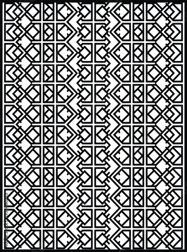 Non-representational geometric design in black and white, seamless ornamental backdrop with intricate linear shapes and contemporary layout elements for.