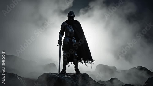 Majestic Knight in Armor Standing on Rocky Terrain with Sword and Cape, Surrounded by Fog