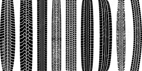 Set of various car tire tread patterns, black straight silhouette vector collection.