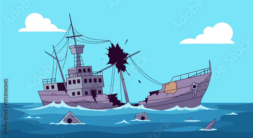 Cartoon illustration of a damaged shipwreck in the ocean with shark fins circling around it under a blue sky.