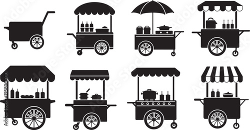 Collection of diverse food cart silhouettes, including mobile stalls with umbrellas and various food service equipment, for street food vendors, Black And White