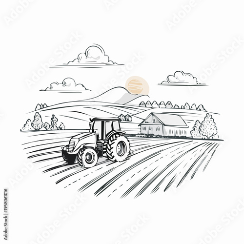 Farm landscape with tractors ink sketch vector illustration