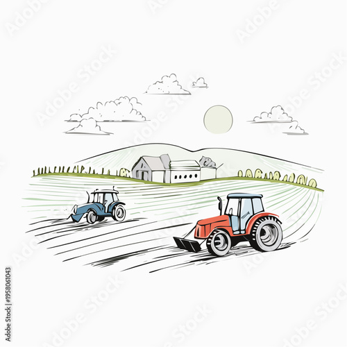 Farm landscape with tractors ink sketch vector illustration