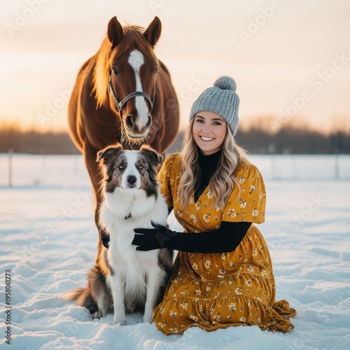 Winter Wonderland - Woman, Horse, and Dog in Snowy Field.