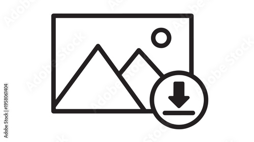 Picture icon with download arrow in a circle, representing image download and graphic download featuring symbol, sign, vector with illustration and