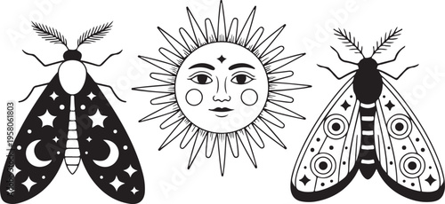 A happy cartoon butterfly vector illustration features a black and white pattern design with a smiling face and heart-shaped wings as a fun logo symbol on a white background