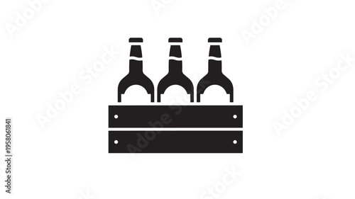 Bottles in wooden crate icon with black silhouette design, perfect for beverage branding. featuring bottle carrier, drink container, alcohol with
