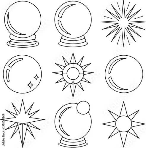 A colorful collection of vector fireworks and sun icons featuring circular button designs and floral art elements for a decorative summer pattern set