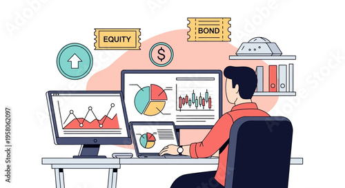 Illustration of a man sitting at a desk with multiple computer monitors displayi