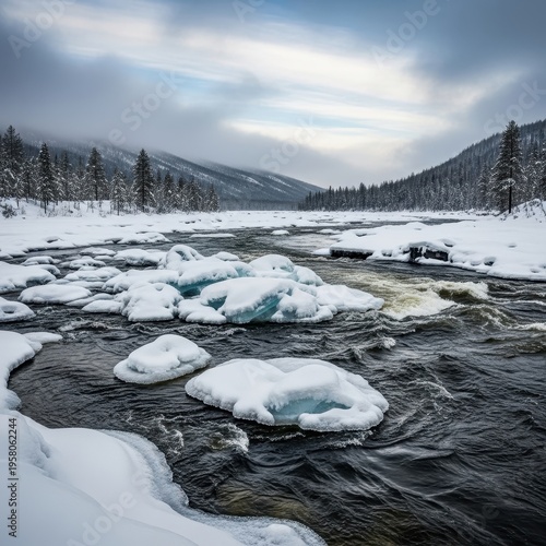 Winter River Landscape - Ice-Covered Rocks and Snowy Banks in a Frozen Wilderness.