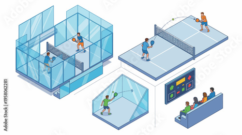 Isometric Padel Court Players Rally Glass Wall Rebound and Match Scene