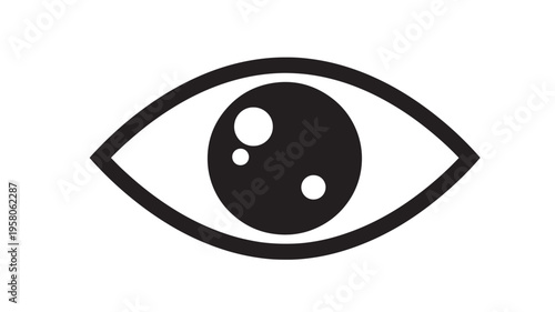 Eye icon with bold black outlines and a solid black pupil with two white highlights for a modern graphic design.