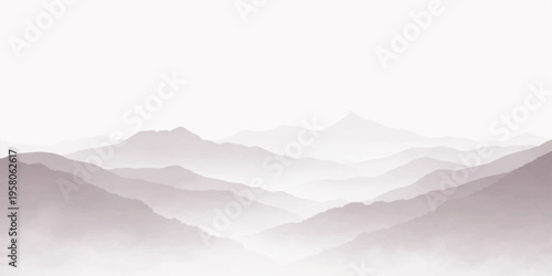 A majestic winter landscape featuring snow-covered mountain peaks and misty hills stretching toward a blue horizon as the morning sun rises over a quiet forest range