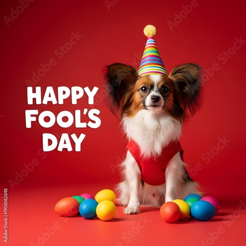 Playful dog celebrates fool's day with colorful party hat and balls