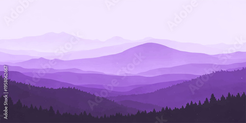 A purple dawn mist settles over the snowy forest valley as a serene sunrise glows behind the mountain peaks