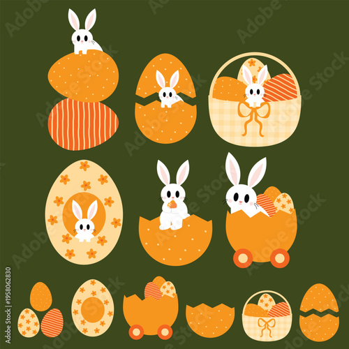 Cute Easter Bunny Clipart Set with Decorative Eggs and Basket Spring Collection