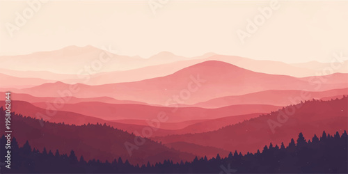 Sunrise over misty mountains with soft morning light and foggy hills in a peaceful natural landscape
