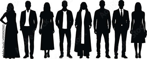 Silhouette people standing, diverse clothing styles, black white minimal illustration, posture variation, generic human figures, vector art, demographic concept, design use