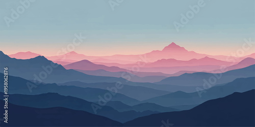 Misty mountain peaks rise above a foggy valley at sunrise, creating a serene blue nature landscape with golden morning sun glowing through the clouds