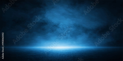 A vast blue sky background featuring dark textures and swirling clouds that blend into a moody cloudscape of lightning and nature