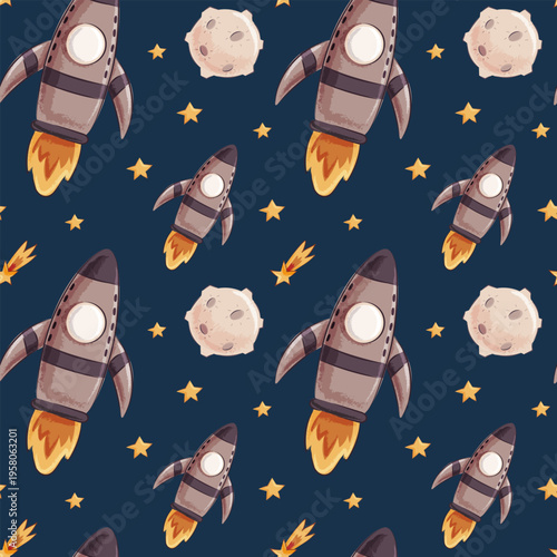 Rocket and Asteroid Cute Seamless Space Pattern. Playful seamless pattern with rockets, asteroids and stars in textured vector style, ideal for children products, fabric and wrapping paper.