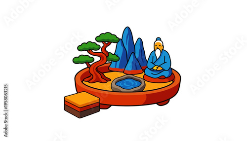 A serene cartoon monk meditating in a peaceful zen garden setting