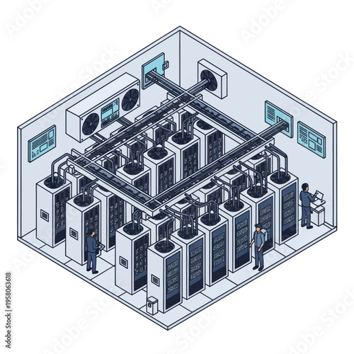 Isometric View of a Data Center with Servers and Cooling System.