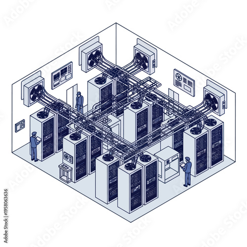 Isometric Data Center Illustration with Servers and Cooling System.