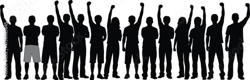 Silhouette people standing, raised fists, unity gesture, protest pose, empowerment symbol, minimal vector art, social movement, black figures, solidarity scene
