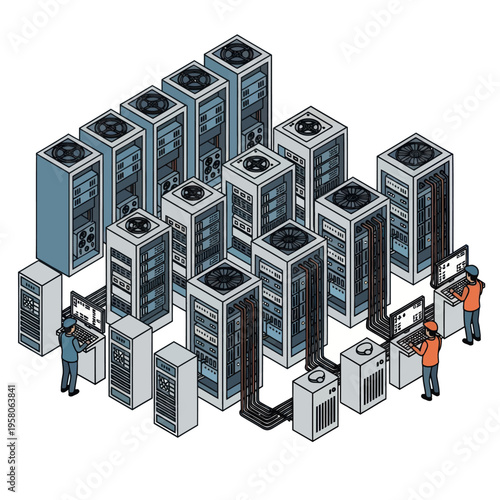 Isometric Data Center Illustration with Technicians and Server Racks.