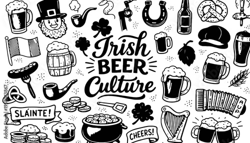 Irish beer culture illustration with various symbols and icons