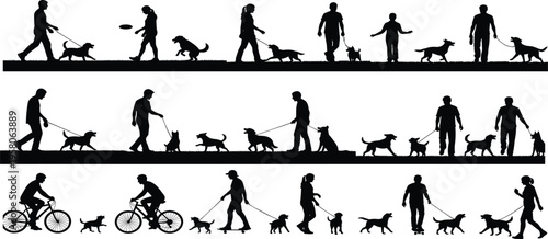 Silhouette people walking dogs, pet care activities, dog training, outdoor exercise, daily routine, human animal bonding illustration isolated on white background