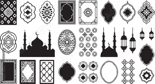 Black and white Islamic geometric patterns and mosque silhouettes for Ramadan and Eid celebrations