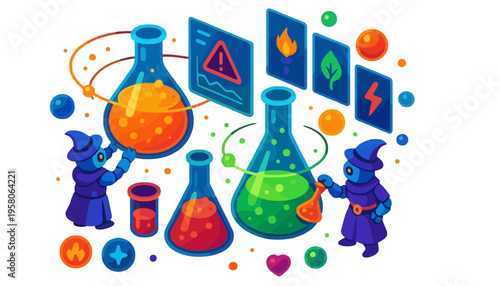 A cartoon wizard illustration with colorful beakers and magic symbols floating around