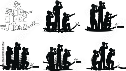 Silhouettes of utility workers using binoculars to inspect broken power cables, industrial technician maintenance team, black and white vector set.