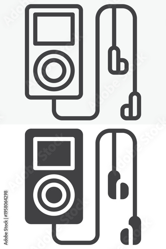 Mp3 player with earphones icon in line and solid styles. Outline and filled icon with editable stroke vector sign and symbol. Music player icon for portable audio listening.