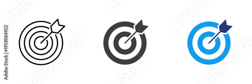 Target icon set with an arrow hitting the bullseye. Business goal achievement, bullseye with arrow for marketing strategy, focus, and success objective.
